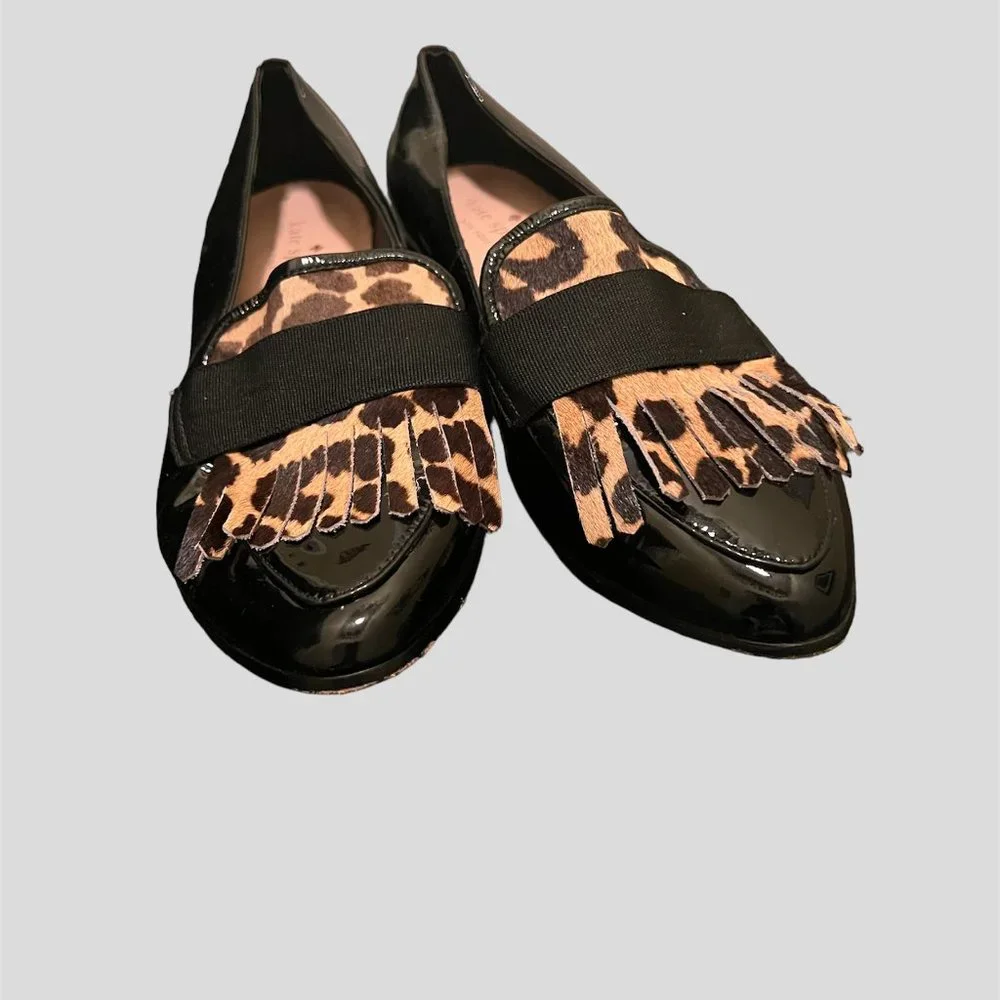 Kate Spade size 8.5  Cayle leopard print fringe patent leather flats